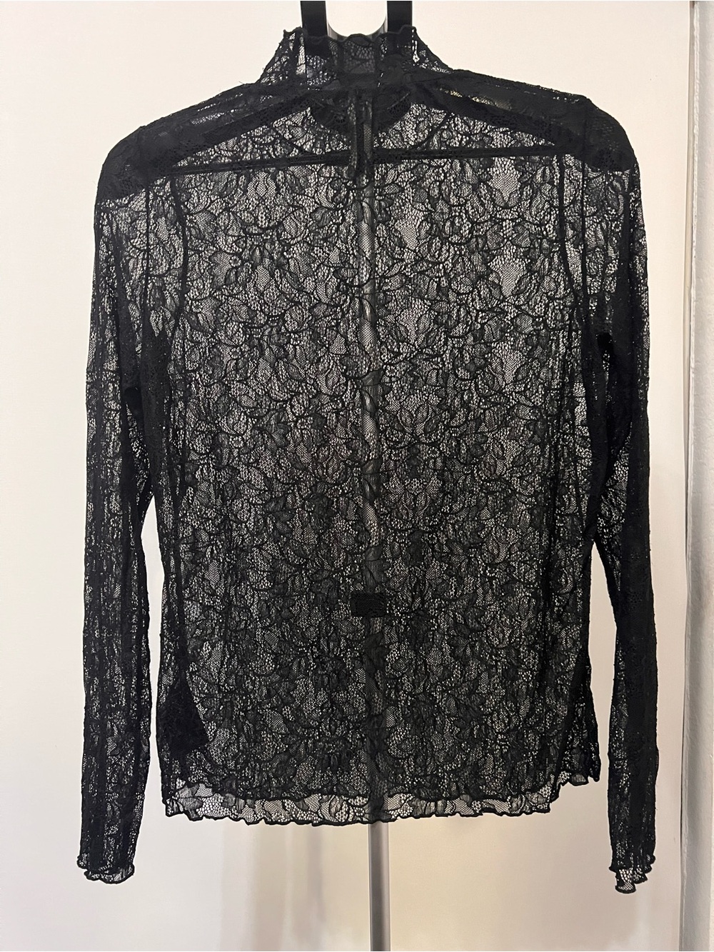 Anthropologie Black Lace Mock Neck Top Sheer Long Sleeve Size L - Picture 3 of 7